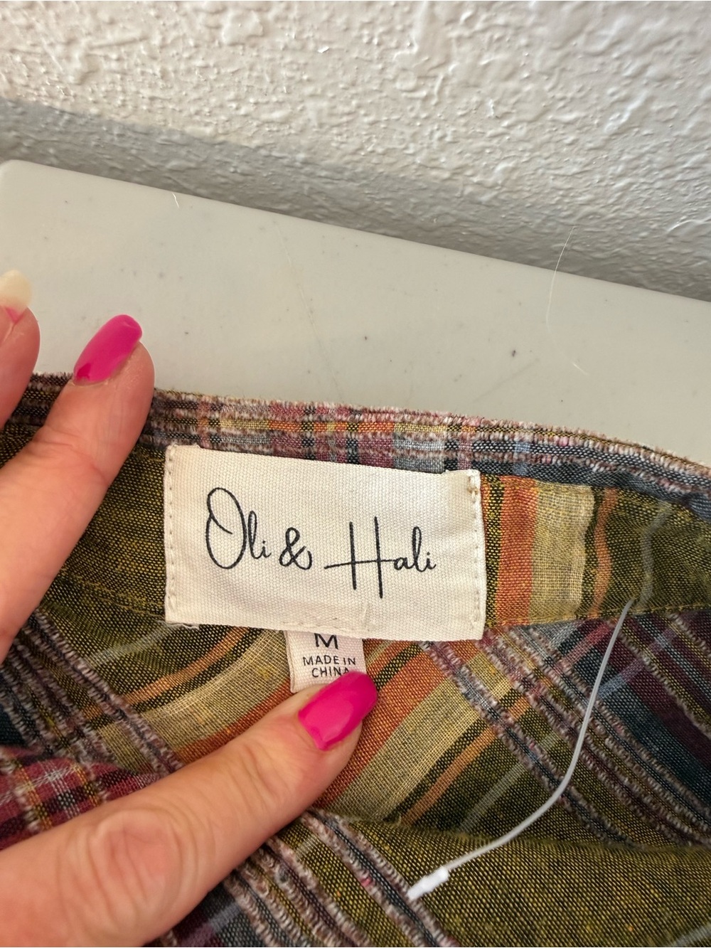 Oli & Hali Plaid Tiered Button Front Shacket Shirt Olive Purple Raw Hem Size M - Picture 10 of 11